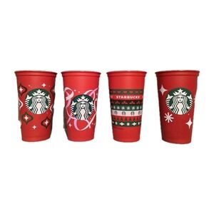 4 Starbucks Holiday Reusable‎ Red Hot Cup Grande 16oz Plastic Christmas Coffee